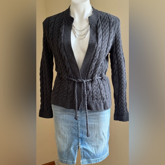 Willi Smith Gray Knit Cable Cardigan No Buttons with Belt 100% Cotton SZ S - Picture 2 of 13